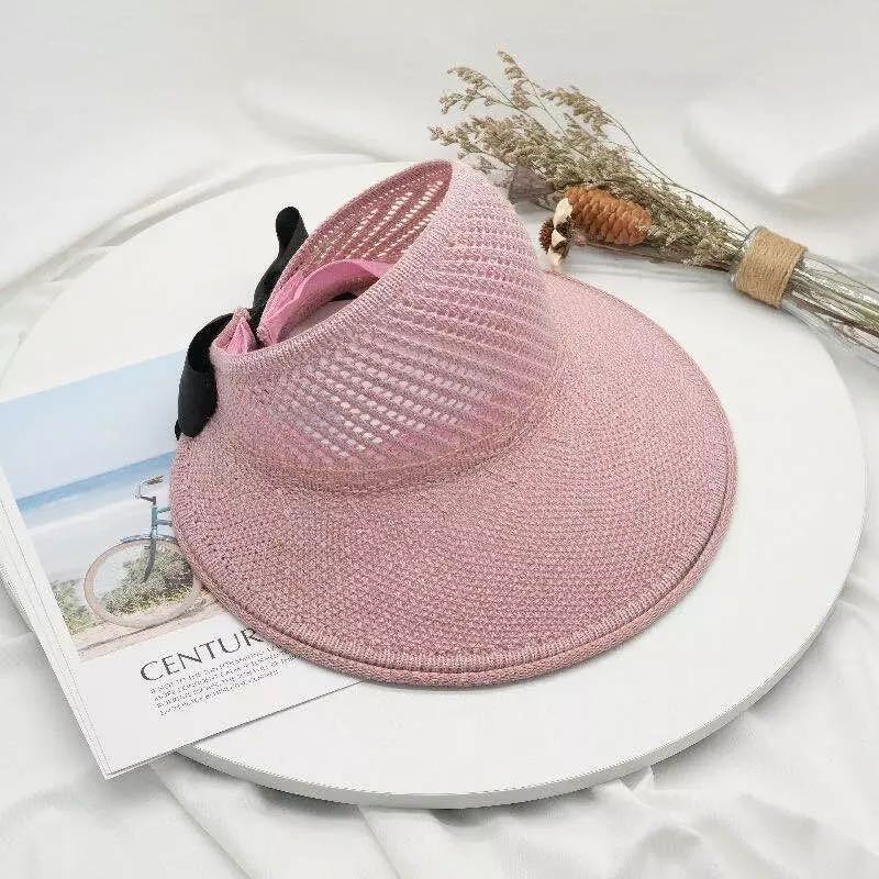 Outdoor Foldable Sun Hat, Bowknot Straw Visor, Knitted Hollow Top Hat, Women