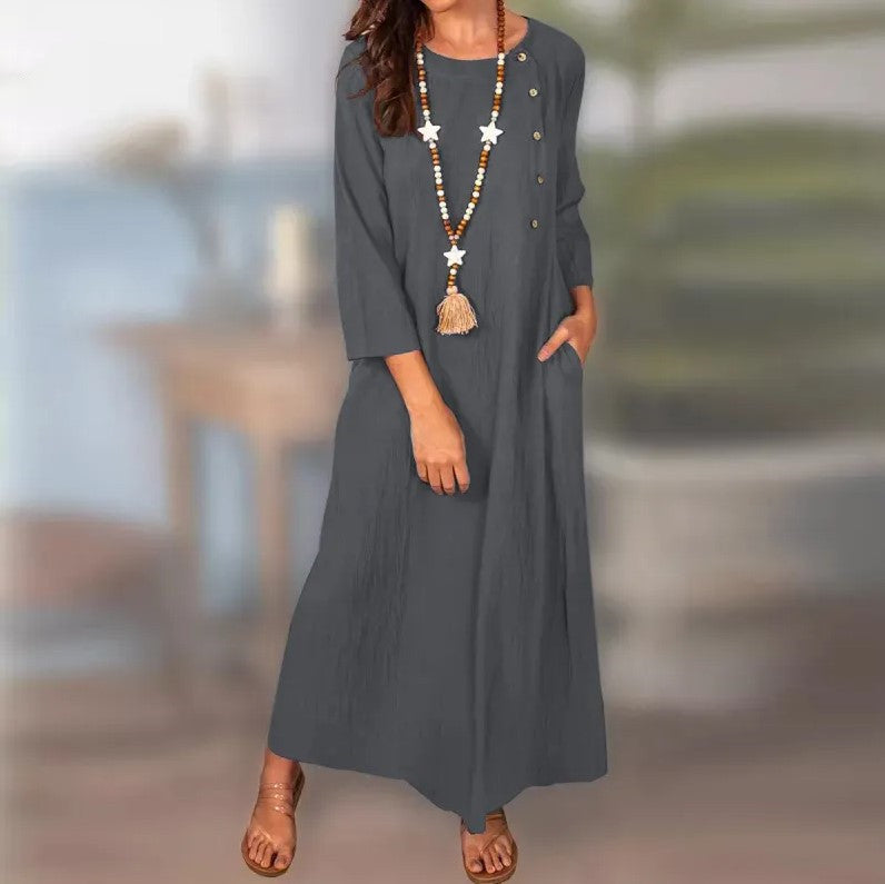 Spring And Summer Plain Long Sleeve Weave Vintage Long Dress