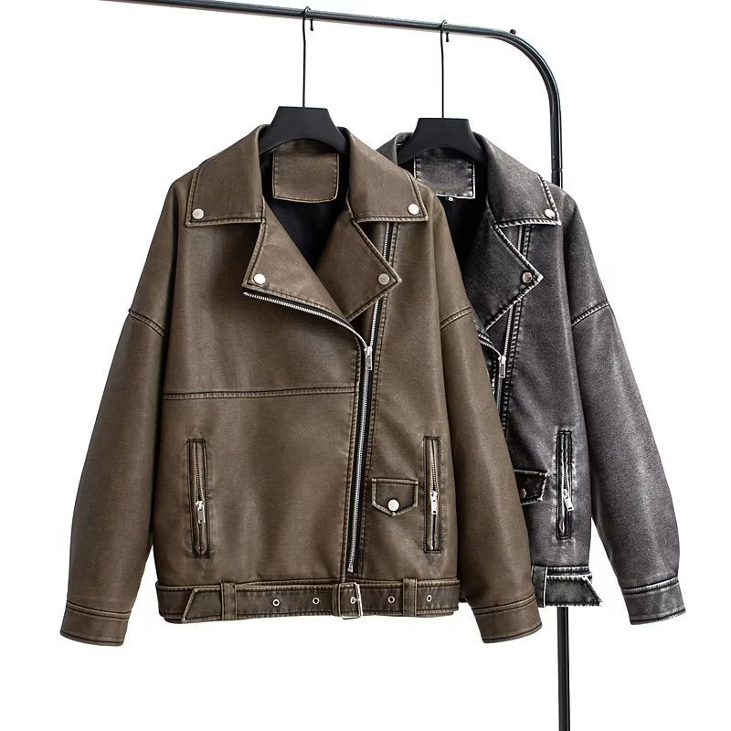 European And American Style Washed PU Leather Jacket Women