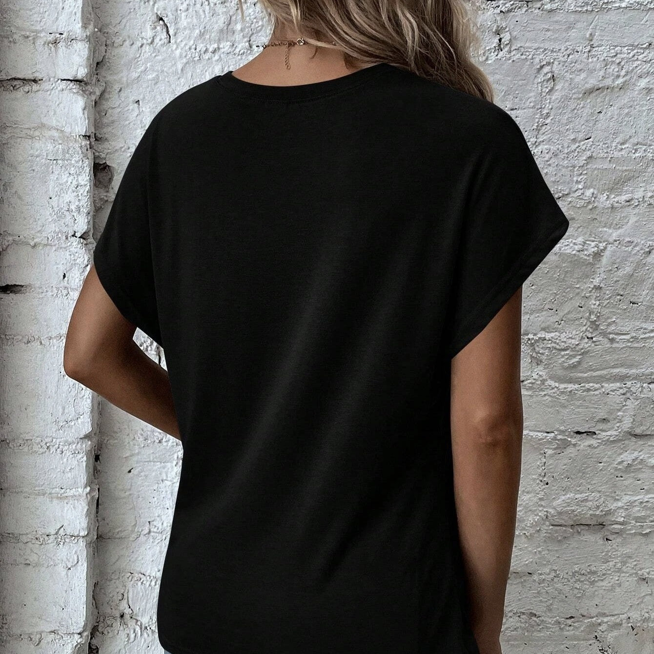 Ladies' Solid Color Asymmetrical Hem Bat Sleeve T-shirt With Slit Casual Top