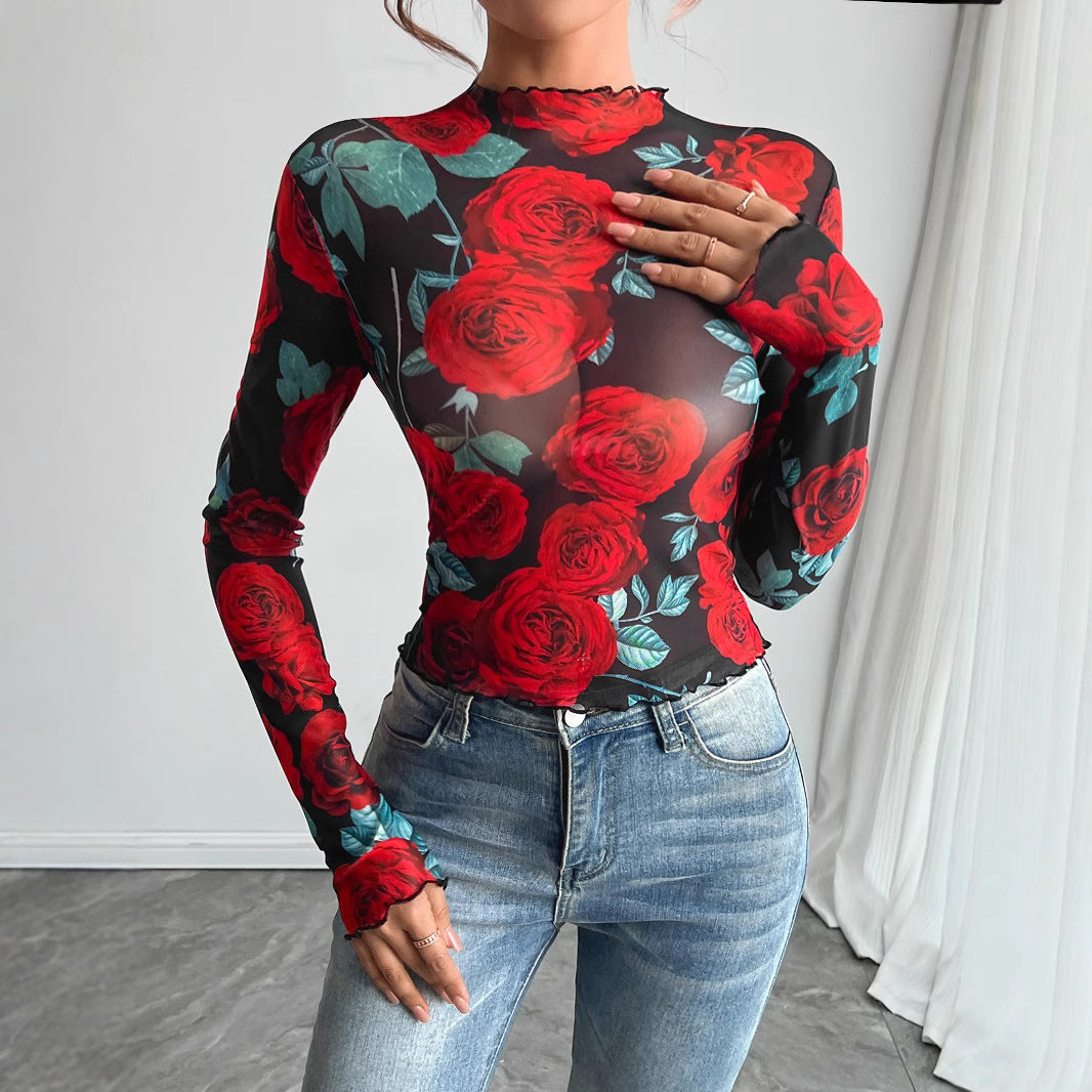 Transparent Rose Flower Print Long-sleeved Small Stand Collar Net