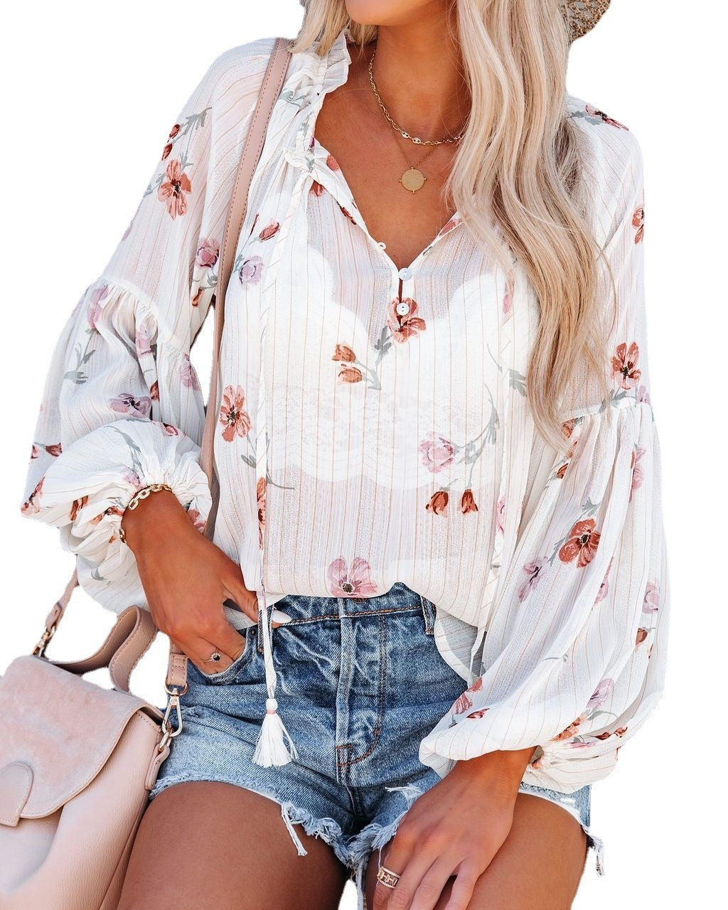 V-neck Lantern Sleeve Retro Chiffon Printed Top