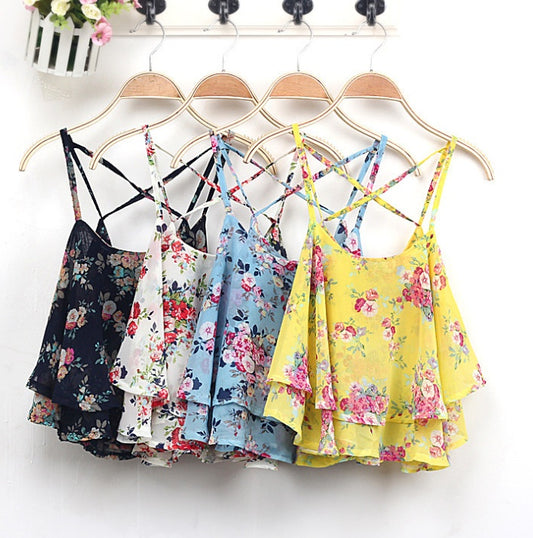 Blusa Hot 4Colors Women Summer Strap Floral Print Chiffon Blouse Sexy Tops Retro Floral Cross-Shoulder Delivery 7-12 days