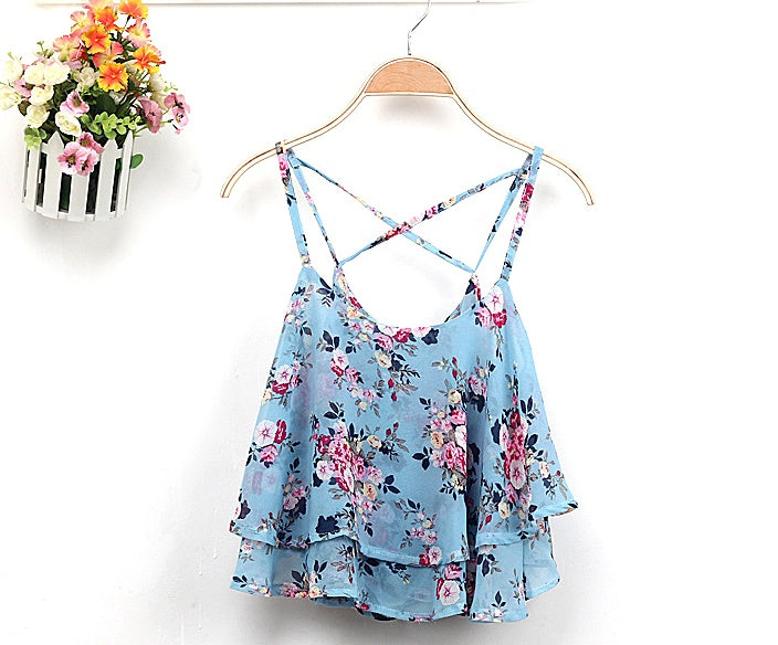 Blusa Hot 4Colors Women Summer Strap Floral Print Chiffon Blouse Sexy Tops Retro Floral Cross-Shoulder Delivery 7-12 days