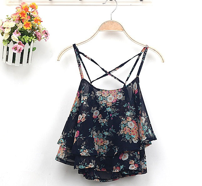 Blusa Hot 4Colors Women Summer Strap Floral Print Chiffon Blouse Sexy Tops Retro Floral Cross-Shoulder Delivery 7-12 days
