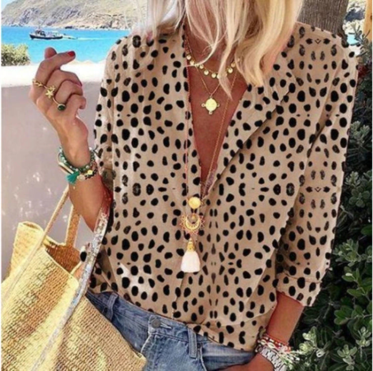 Long Sleeve Ladies Leopard Print Casual Suit Collar Shirt