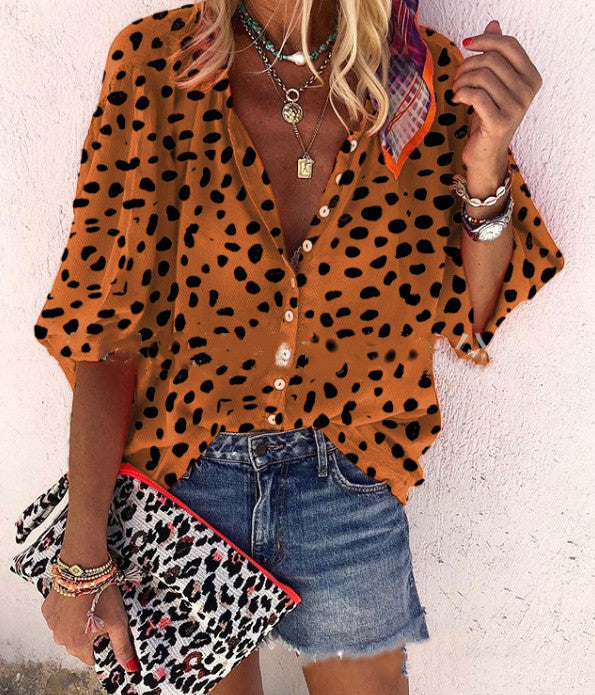 Long Sleeve Ladies Leopard Print Casual Suit Collar Shirt