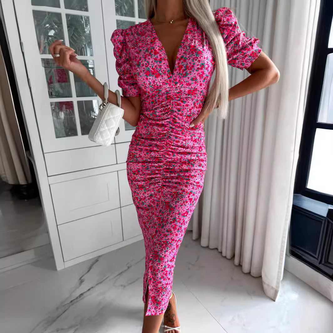 Spring And Summer Short Sleeve Floral Dress Deep V Dress
