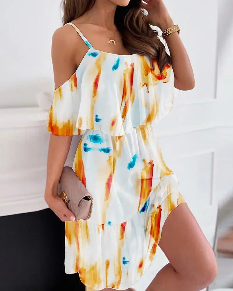 Flower Printed Ruffled Suspender Dress Summer Off-the-shoulder Strap Dresses Women Delivery 7-12 days