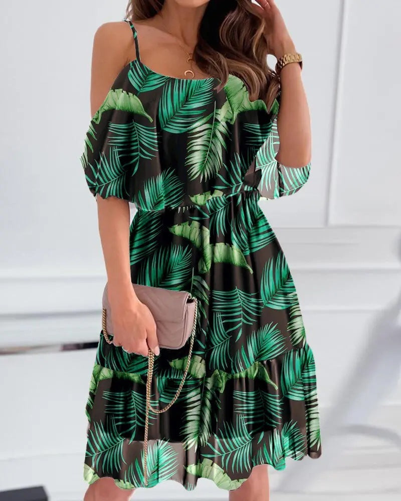 Flower Printed Ruffled Suspender Dress Summer Off-the-shoulder Strap Dresses Women Delivery 7-12 days
