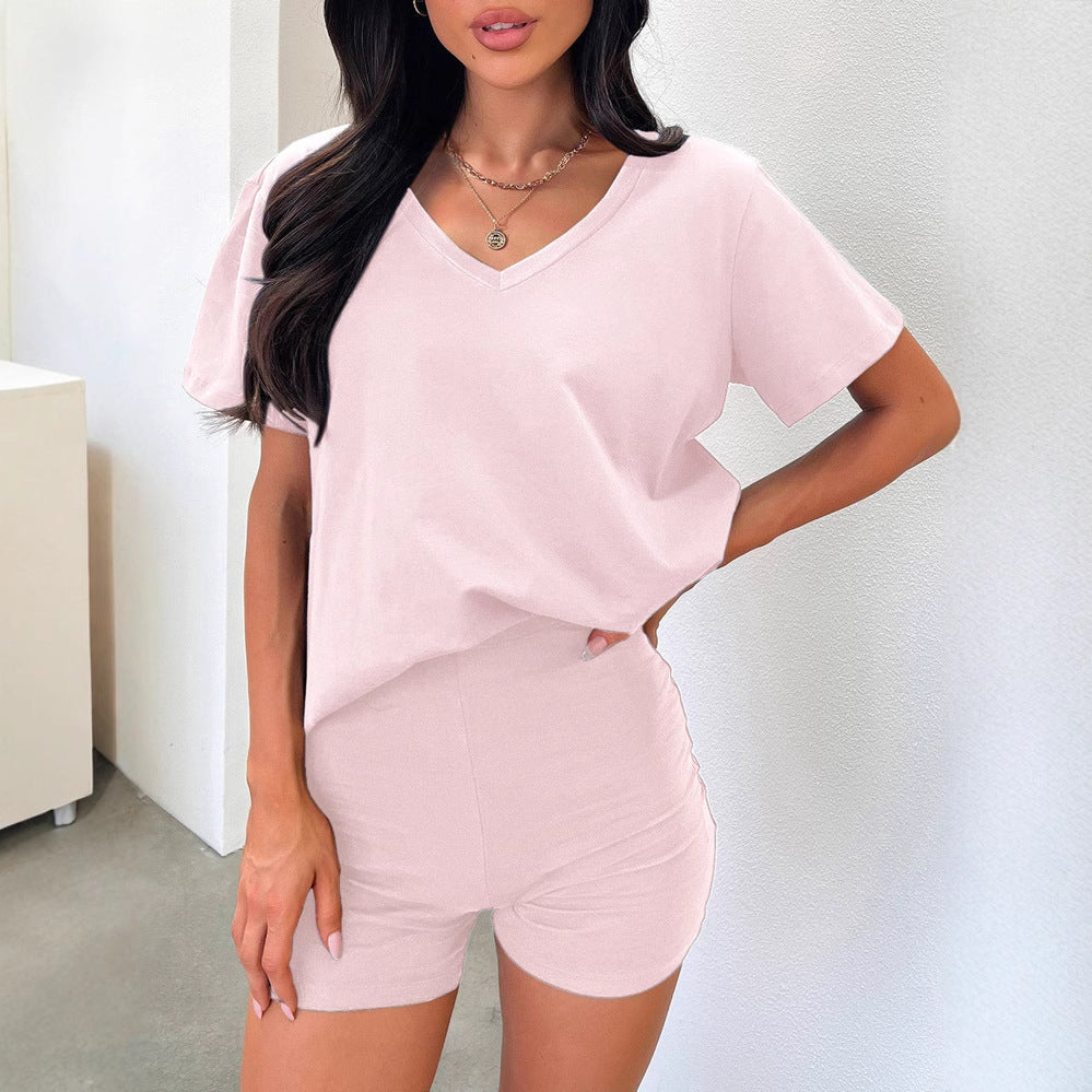V-neck Fashion Solid Color Casual Fashion Shorts Suit Women Delivery 7-12 days