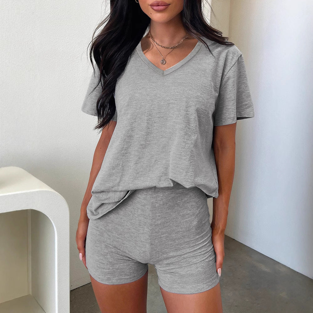 V-neck Fashion Solid Color Casual Fashion Shorts Suit Women Delivery 7-12 days
