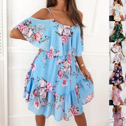 Flower Printed Ruffled Suspender Dress Summer Off-the-shoulder Strap Dresses Women Delivery 7-12 days