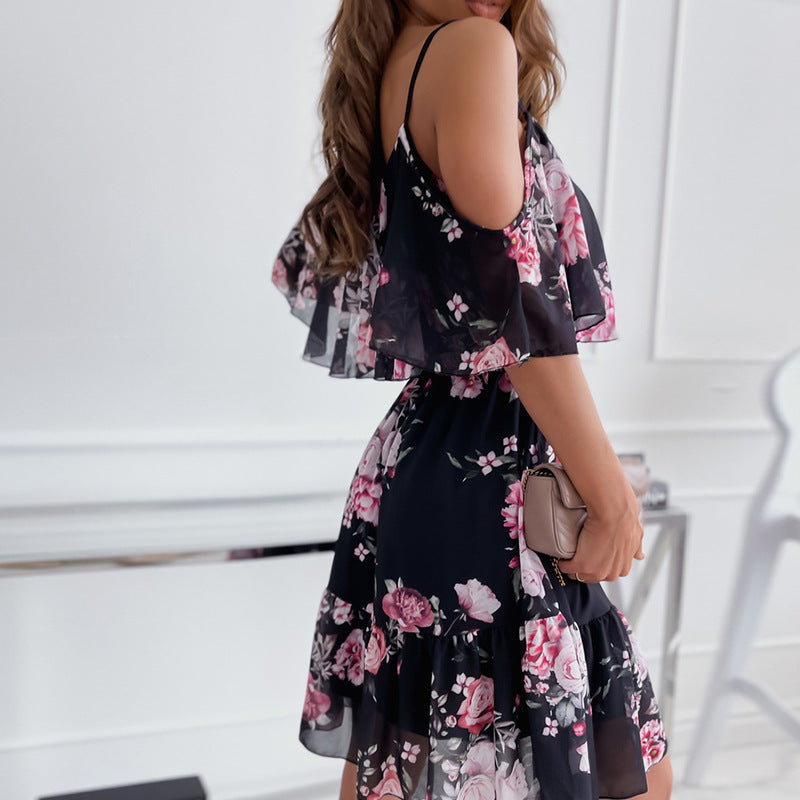 Flower Printed Ruffled Suspender Dress Summer Off-the-shoulder Strap Dresses Women Delivery 7-12 days