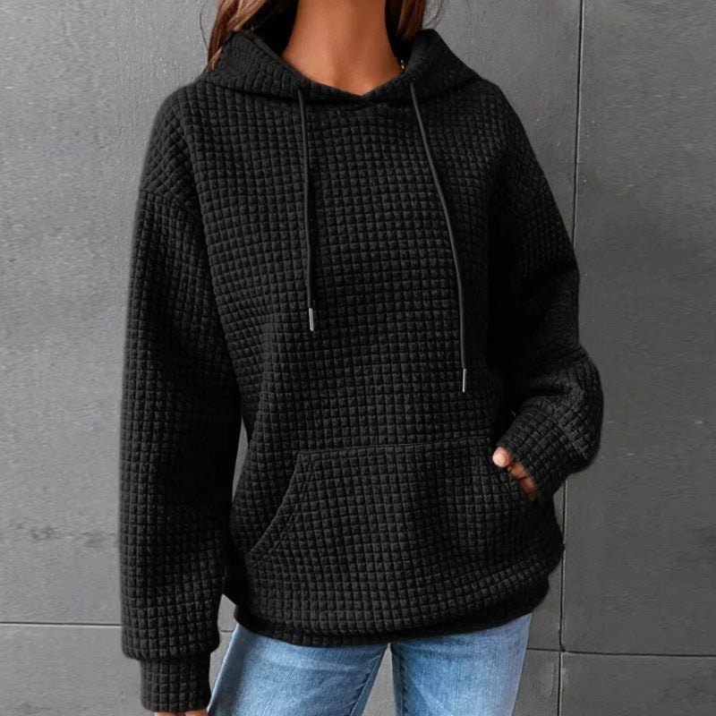 Small Plaid Pocket Long Sleeved Solid Color Top Hoodie