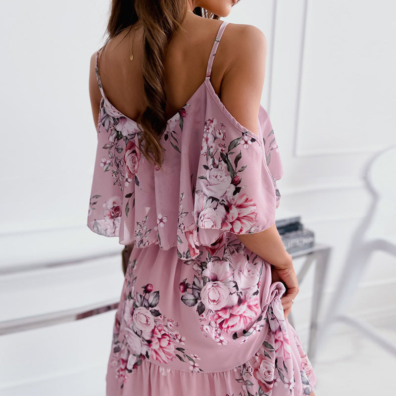 Flower Printed Ruffled Suspender Dress Summer Off-the-shoulder Strap Dresses Women Delivery 7-12 days