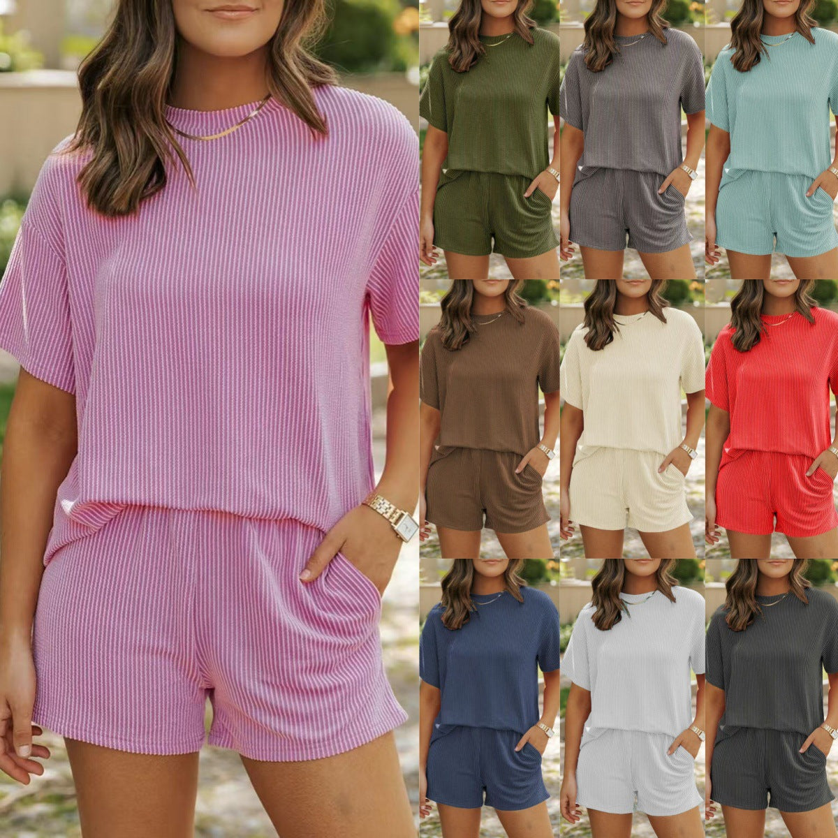 Thread Short Sleeve Round Neck Top Pocket