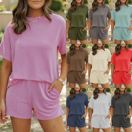 Thread Short Sleeve Round Neck Top Pocket