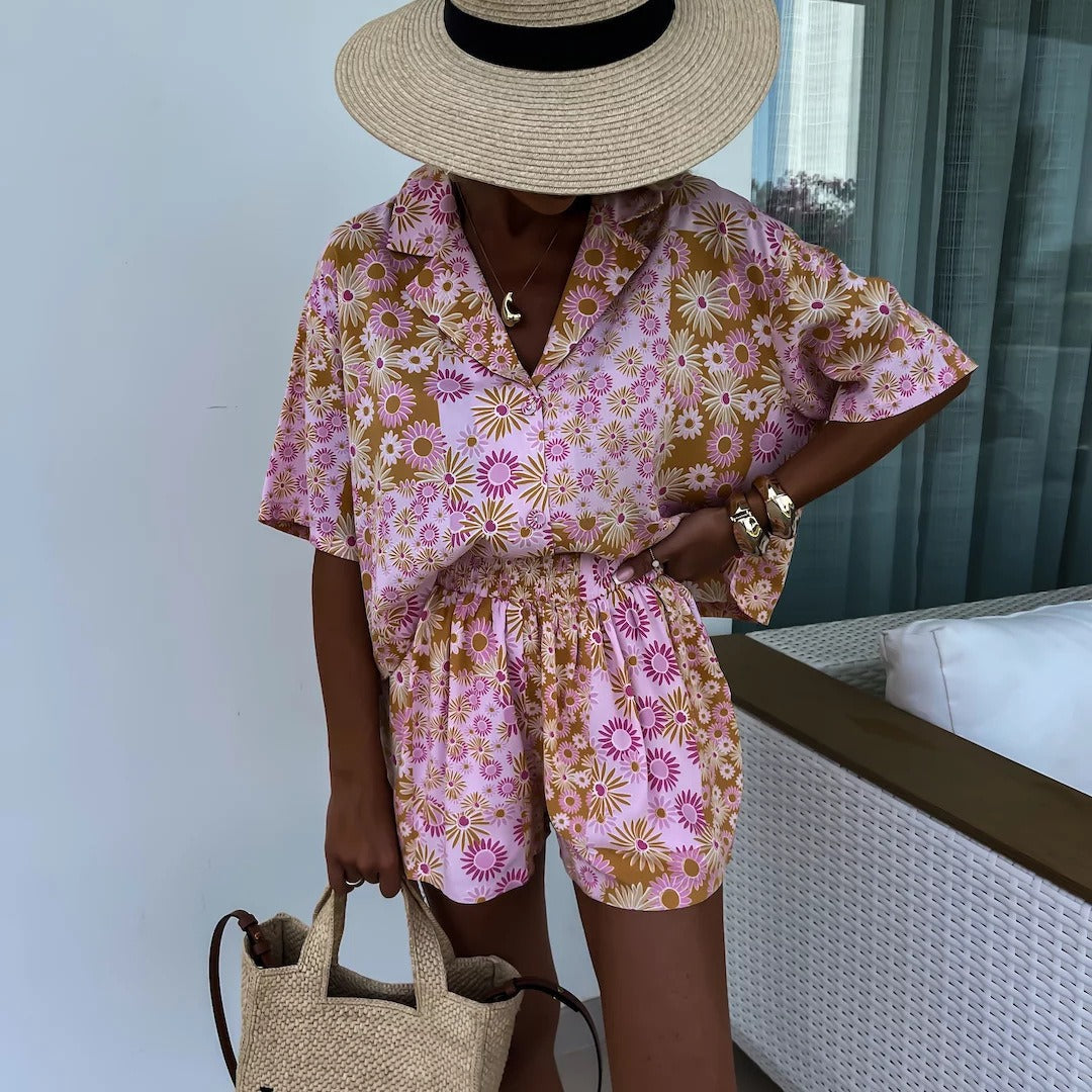 Female Suit Collar Short-sleeved Shorts Two-piece Suit Fashion Printed Casual