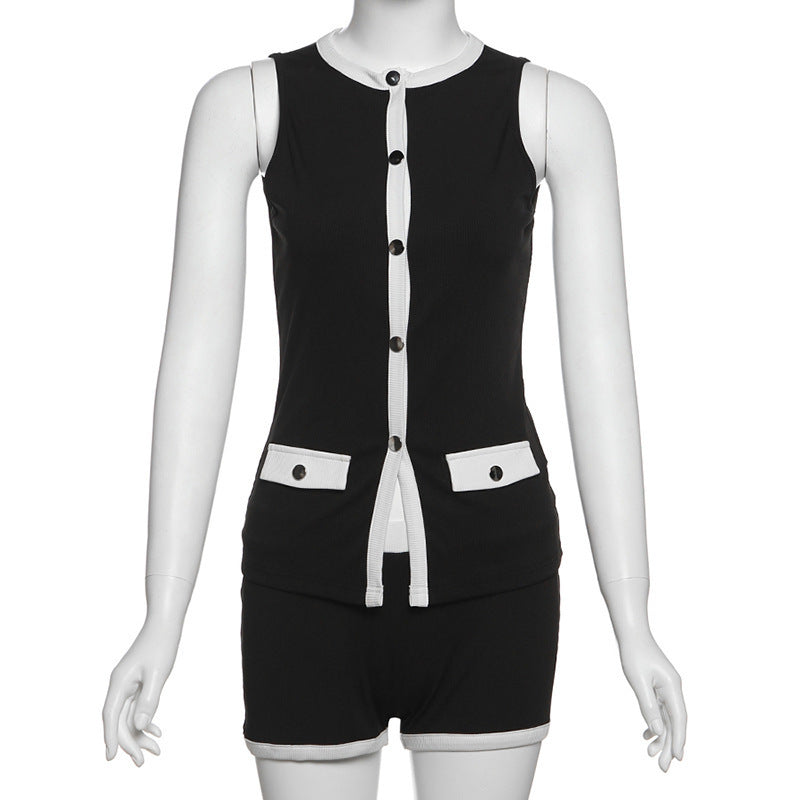 Single-breasted Cover Pocket Design Color Matching Top Tight Shorts Two-piece Set Delivery 7-12 days