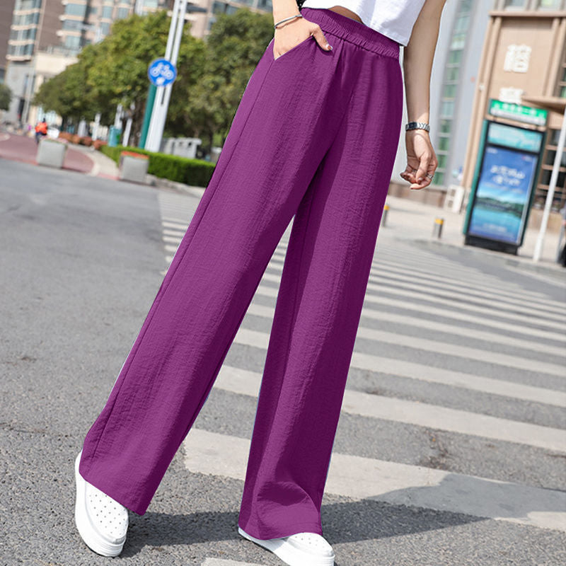 Draping Effect Cotton Linen Wide Leg Pants Women Elastic Waist