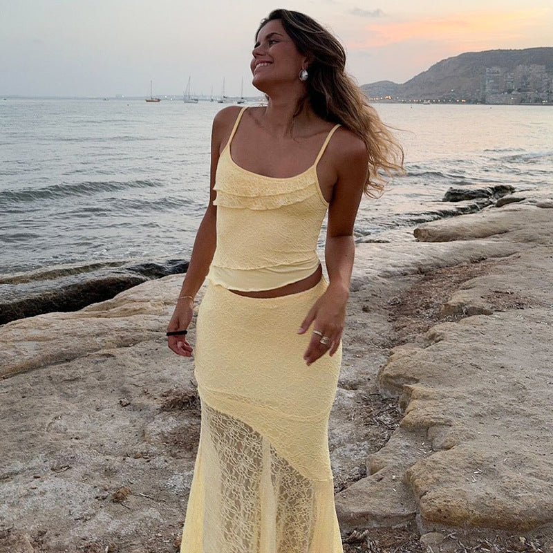 Lace See-through Wooden Ear Navel Vest High Waist Skirt Two-piece Set Delivery 7-12 days