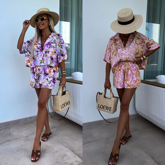 Female Suit Collar Short-sleeved Shorts Two-piece Suit Fashion Printed Casual