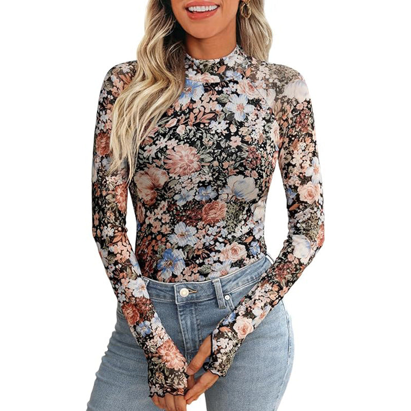 Floral Mesh Crew Neck Long Sleeve Mesh Top