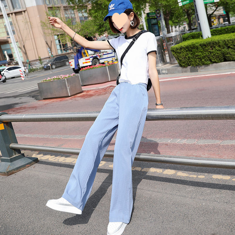 Draping Effect Cotton Linen Wide Leg Pants Women Elastic Waist