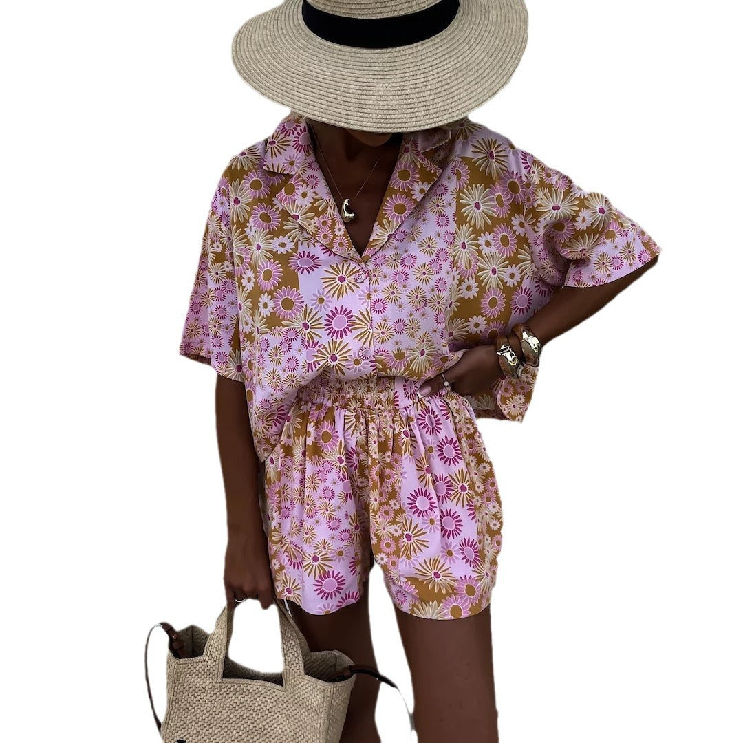 Female Suit Collar Short-sleeved Shorts Two-piece Suit Fashion Printed Casual