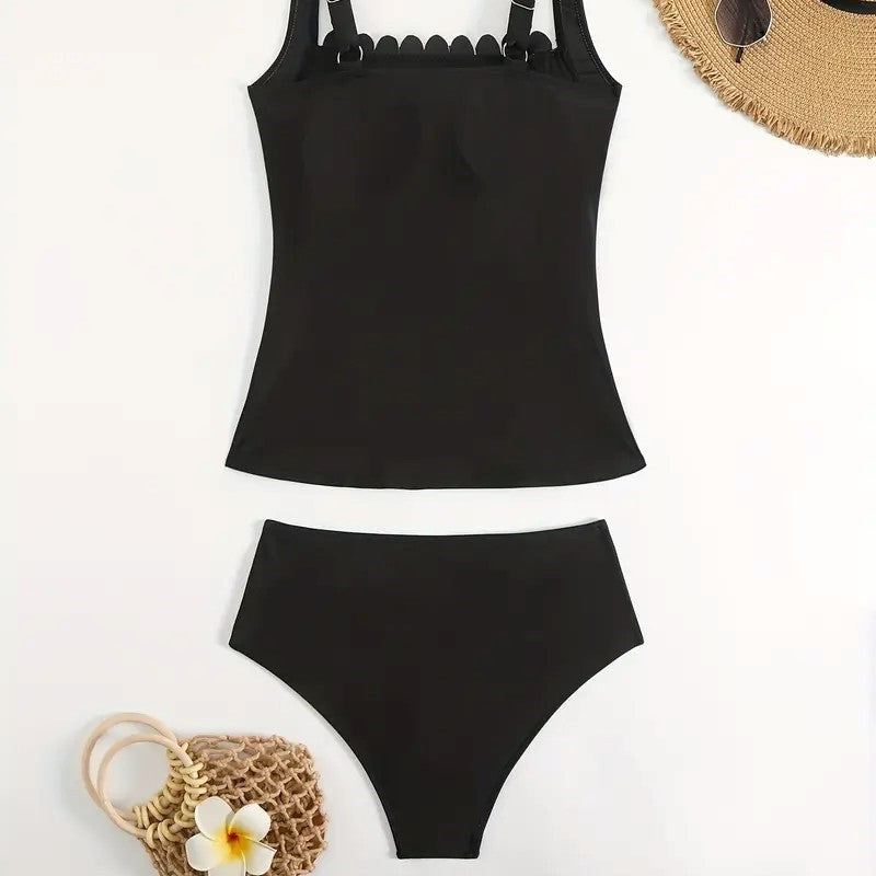 Black Split Conservative Belly-covering Wavy Two-shoulder Swimsuit For Women Delivery 7-12 days