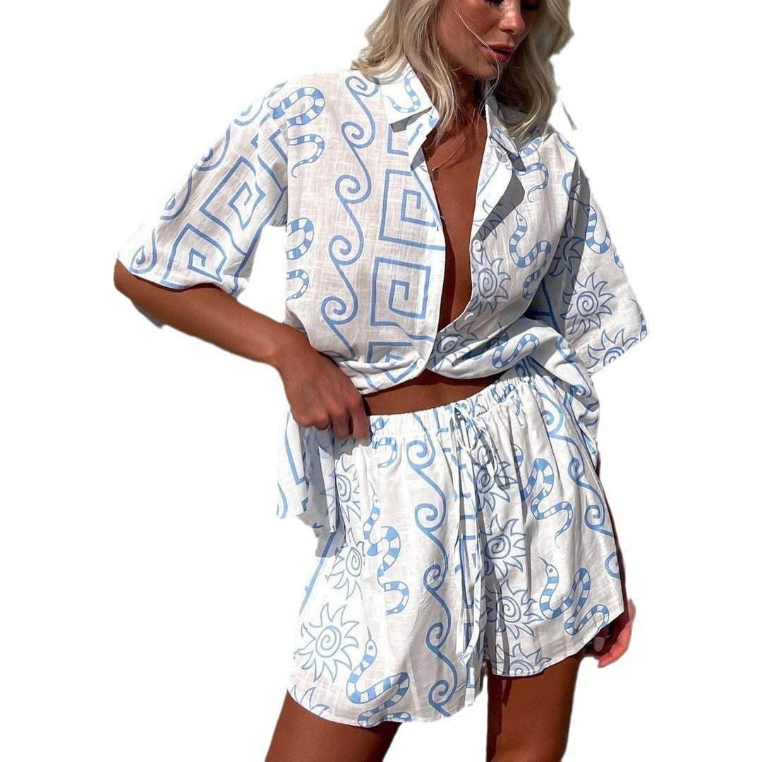 New Loose Casual And Comfortable Women's Short-sleeved Shorts Shirt Two-piece Set Delivery 7-12 days