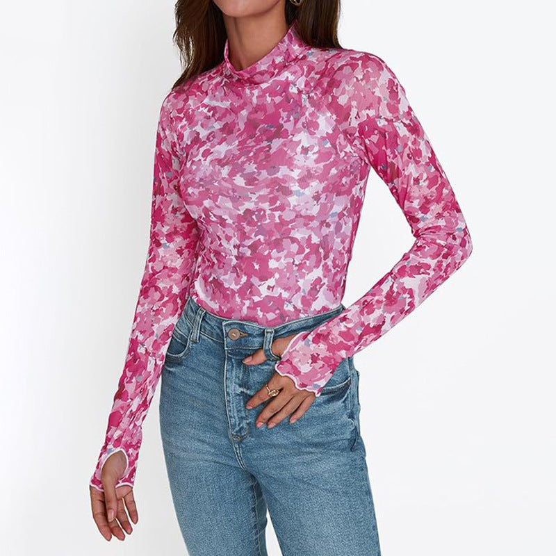 Floral Mesh Crew Neck Long Sleeve Mesh Top