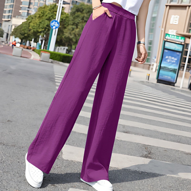 Draping Effect Cotton Linen Wide Leg Pants Women Elastic Waist