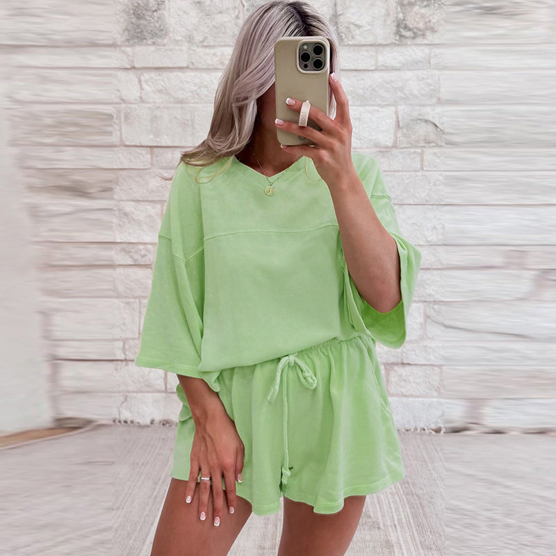 Spring And Summer New Solid Color Short Sleeve Two-piece set Delivery 7-12 days