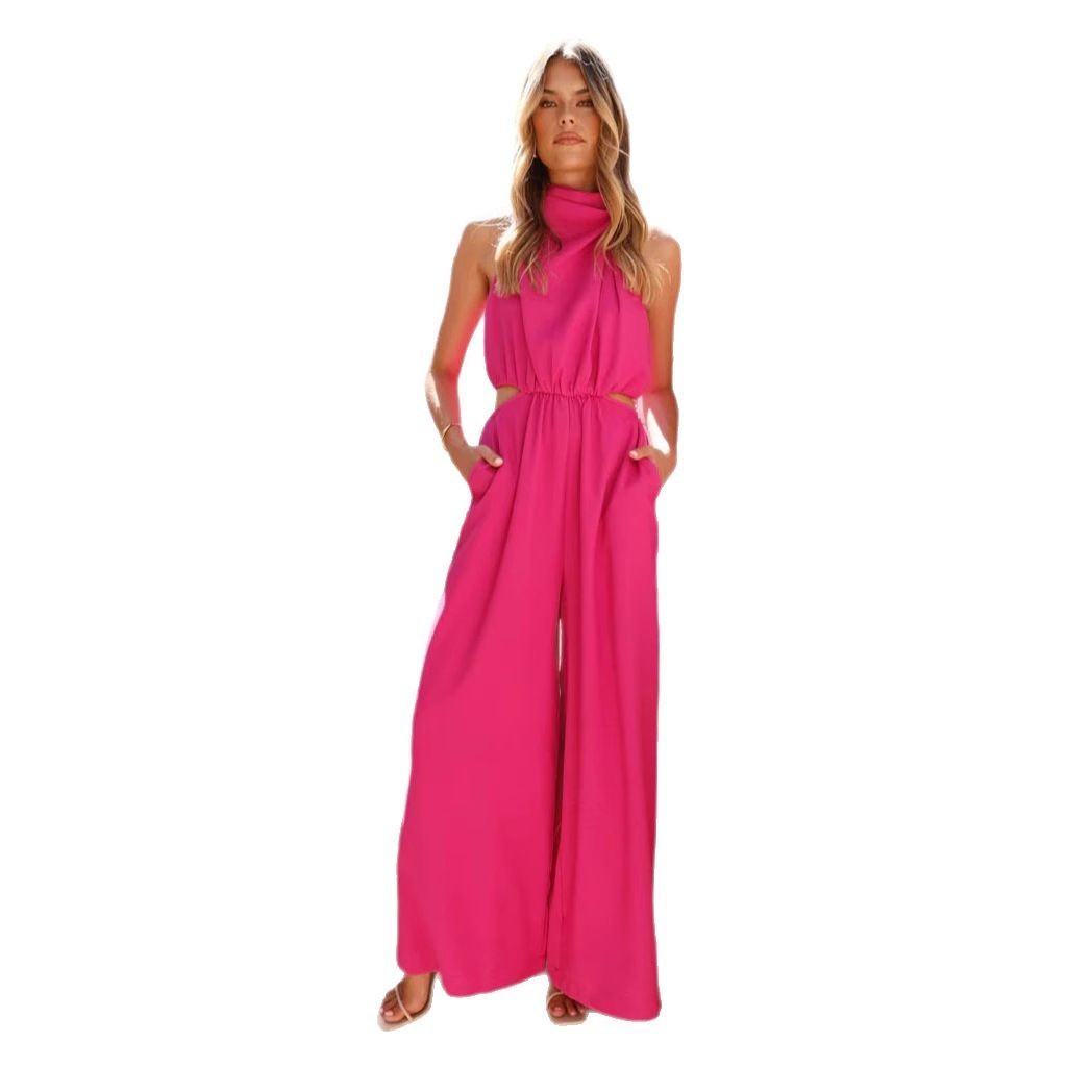 Pure Color Halter Lace-up One-piece Wide-leg Pants