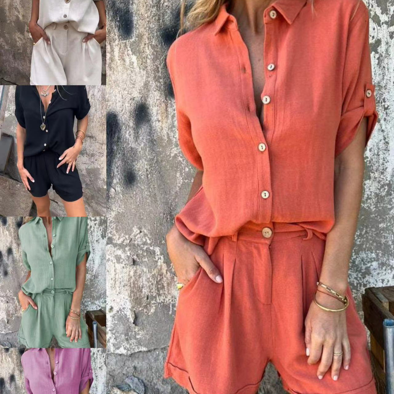 Spring And Summer New Cotton And Linen Short-sleeved Shorts Casual Suit Women Delivery 7-12 days