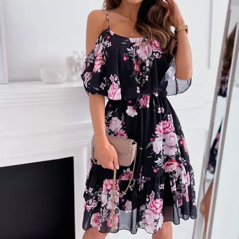 Flower Printed Ruffled Suspender Dress Summer Off-the-shoulder Strap Dresses Women Delivery 7-12 days