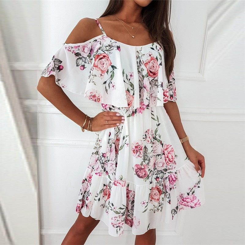 Flower Printed Ruffled Suspender Dress Summer Off-the-shoulder Strap Dresses Women Delivery 7-12 days