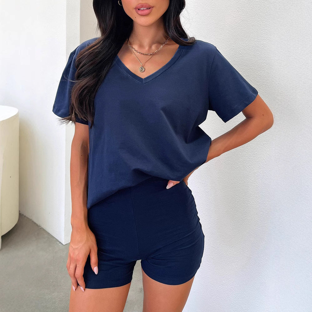 V-neck Fashion Solid Color Casual Fashion Shorts Suit Women Delivery 7-12 days
