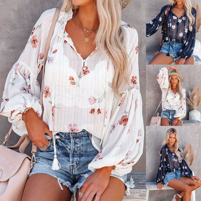 V-neck Lantern Sleeve Retro Chiffon Printed Top