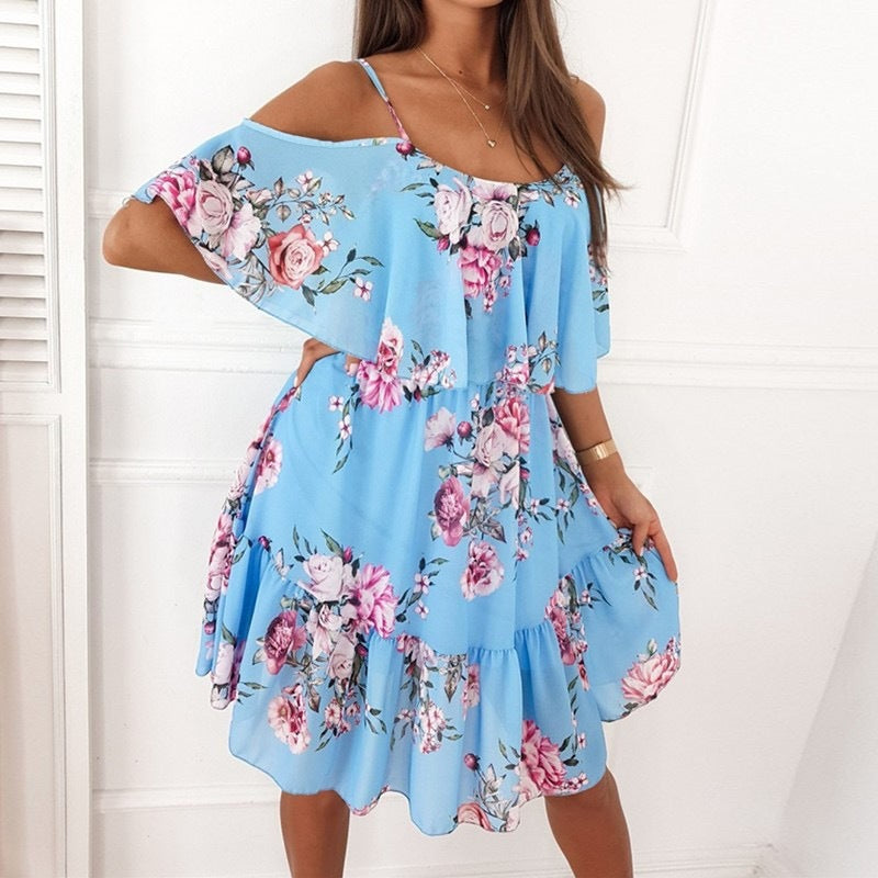 Flower Printed Ruffled Suspender Dress Summer Off-the-shoulder Strap Dresses Women Delivery 7-12 days
