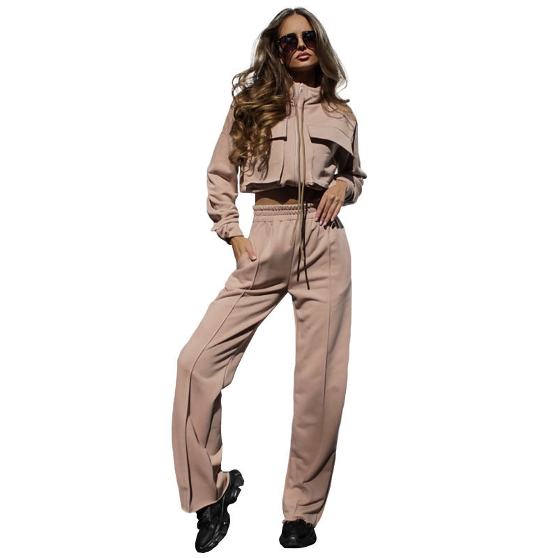 European And American Solid Color Zipper Double Bag Drawstring Long Sleeve Top Fashion Casual Trousers Suit Women