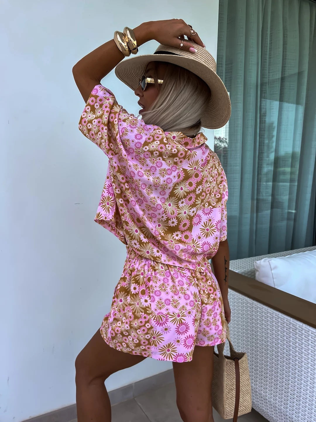 Female Suit Collar Short-sleeved Shorts Two-piece Suit Fashion Printed Casual