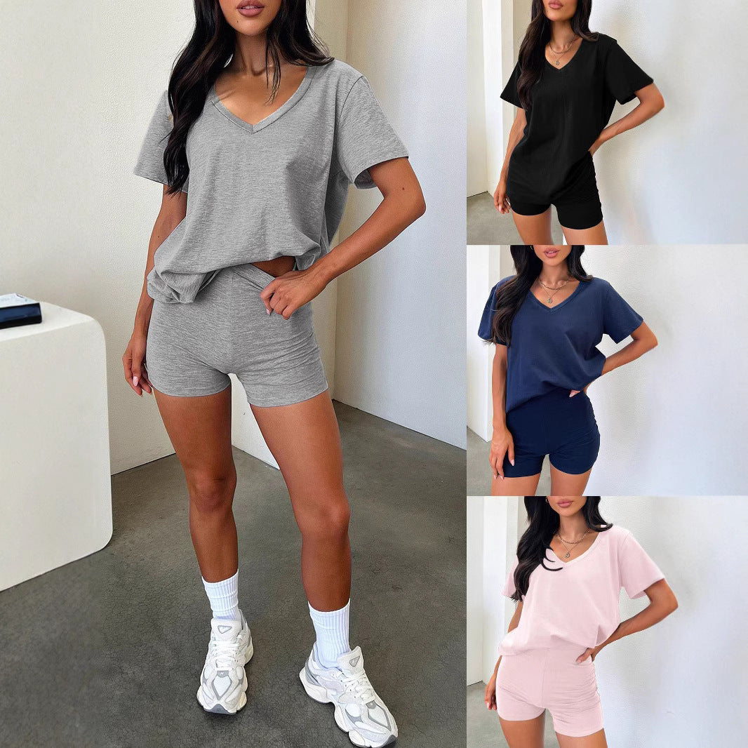 V-neck Fashion Solid Color Casual Fashion Shorts Suit Women Delivery 7-12 days