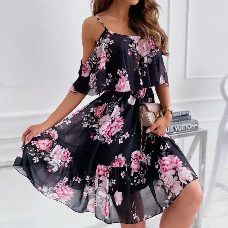 Flower Printed Ruffled Suspender Dress Summer Off-the-shoulder Strap Dresses Women Delivery 7-12 days
